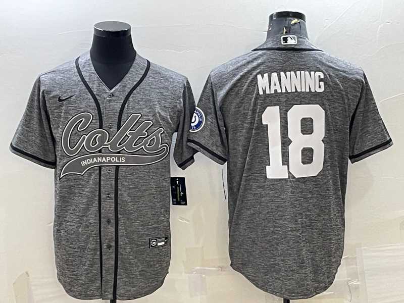 Men%27s Indianapolis Colts #18 Peyton Manning Grey Gridiron With Patch Cool Base Stitched Baseball Jersey